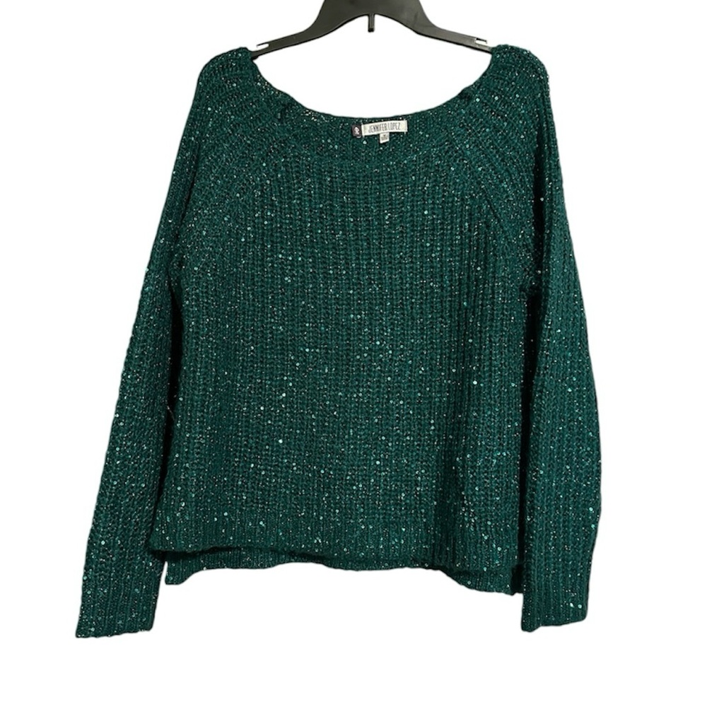 Jenniferr Lopez Green Sequins Boat Neck Knit Sweater Open Weave Women’s Medium